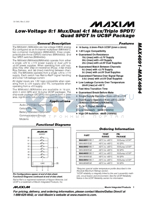 MAX4691-MAX4694 datasheet - Low-Voltage 8:1 Mux/Dual 4:1 Mux/Triple SPDT/ Quad SPDT in UCSP Package