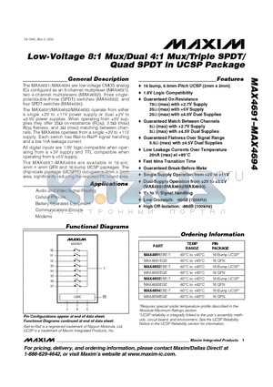 MAX4694EGE datasheet - Low-Voltage 8:1 Mux/Dual 4:1 Mux/Triple SPDT/ Quad SPDT in UCSP Package
