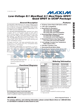 MAX4693EGE+ datasheet - Low-Voltage 8:1 Mux/Dual 4:1 Mux/Triple SPDT/ Quad SPDT in UCSP Package