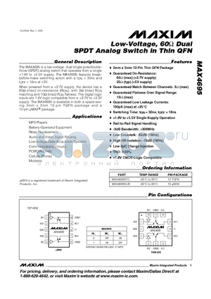 MAX4695 datasheet - Low-Voltage, 60ohm Dual SPDT Analog Switch in Thin QFN