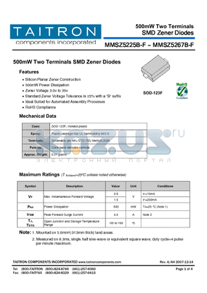 MMSZ5225B-F datasheet - 500mW Two Terminals SMD Zener Diodes