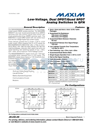 MAX4701ETE+ datasheet - Low-Voltage, Dual DPDT/Quad SPDT Analog Switches in QFN