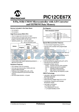 PIC12CE674 datasheet - 8-Pin, 8-Bit CMOS Microcontroller with A/D Converter and EEPROM Data Memory