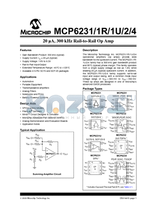 MCP6231 datasheet - 20 lA, 300 kHz Rail-to-Rail Op Amp