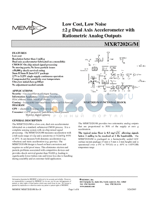 MXR7202M datasheet - Low Cost, Low Noise a2 g Dual Axis Accelerometer with Ratiometric Analog Outputs