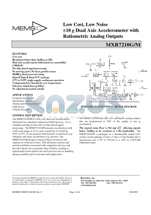 MXR7210M datasheet - Low Cost, Low Noise a10 g Dual Axis Accelerometer with Ratiometric Analog Outputs