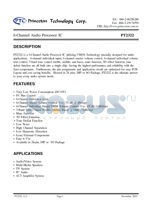PT2322 datasheet - 6-Channel Audio Processor IC