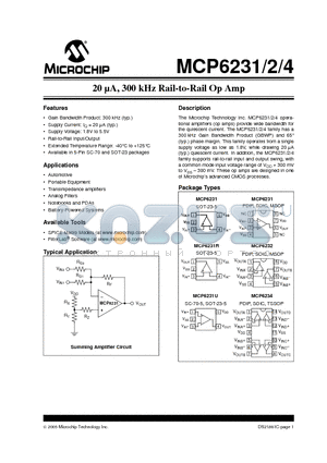 MCP6231_05 datasheet - 20 lA, 300 kHz Rail-to-Rail Op Amp