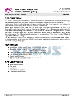 PT2325 datasheet - 6 Channel Volume Control