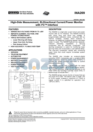 INA209 datasheet - High-Side Measurement, Bi-Directional Current/Power Monitor with I2C Interface