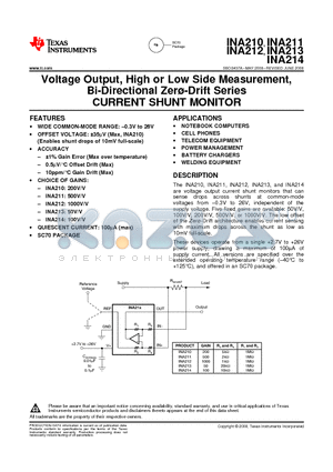 INA210AIDCKR datasheet - Voltage Output, High or Low Side Measurement, Bi-Directional Zero-Drift Series CURRENT SHUNT MONITOR