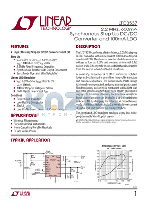 LTC3537 datasheet - 2.2 MHz, 600mA Synchronous Step-Up DC/DC Converter and 100mA LDO