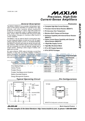 MAX472CPA datasheet - Precision, High-Side Current-Sense Amplifiers