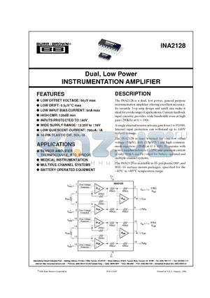 INA2128P datasheet - Dual, Low Power INSTRUMENTATION AMPLIFIER