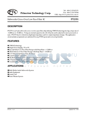 PT2351 datasheet - Subwoofer Cross-Over Low Pass Filter IC