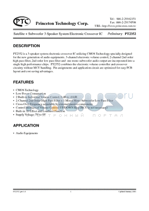 PT2352 datasheet - SATELLITE SUBWOOFER 3-SPEAKER SYSTEM ELECTRONIC CROSSOVER IC