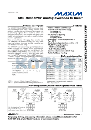 MAX4731ETA datasheet - 50Y, Dual SPST Analog Switches in UCSP