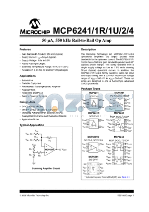 MCP6241-E/MS datasheet - 50 lA, 550 kHz Rail-to-Rail Op Amp