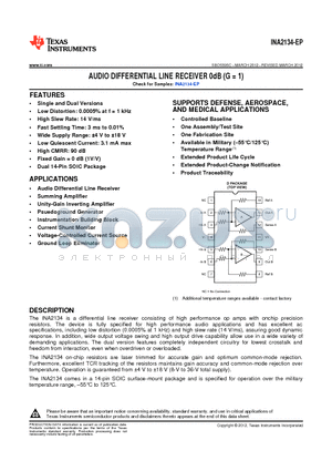 INA2134MDEP datasheet - AUDIO DIFFERENTIAL LINE RECEIVER 0dB (G = 1)