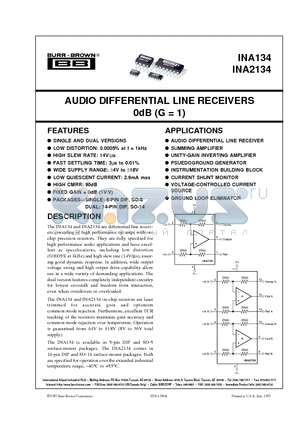 INA2134PA datasheet - AUDIO DIFFERENTIAL LINE RECEIVERS 0dB G = 1