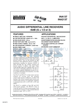 INA2137UA datasheet - AUDIO DIFFERENTIAL LINE RECEIVERS a6dB (G= 1/2 or 2)