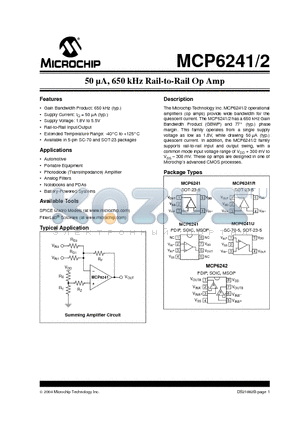 MCP6241T-E/OT datasheet - 50 uA, 650 kHz Rail-to-Rail Op Amp