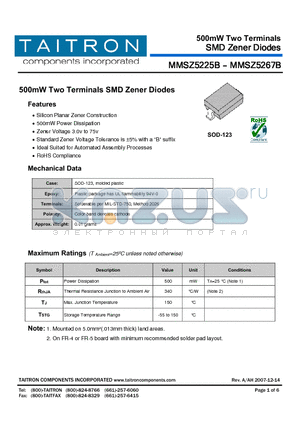 MMSZ5228B datasheet - 500mW Two Terminals SMD Zener Diodes