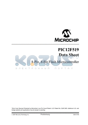 PIC12F519-E/P datasheet - 8-Pin, 8-Bit Flash Microcontroller