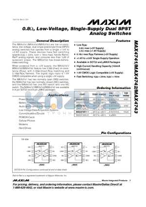 MAX4741EKA datasheet - 0.8, Low-Voltage, Single-Supply Dual SPST Analog Switches