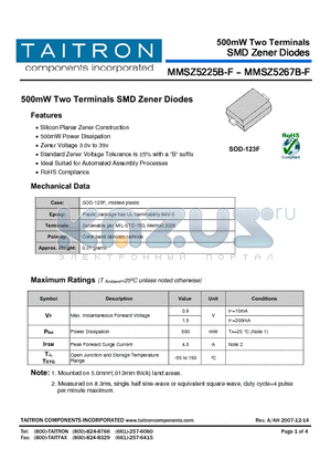 MMSZ5228B-F datasheet - 500mW Two Terminals SMD Zener Diodes