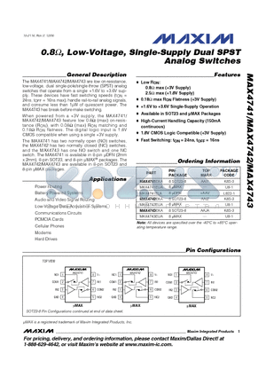 MAX4742 datasheet - 0.8Y, Low-Voltage, Single-Supply Dual SPST Analog Switches