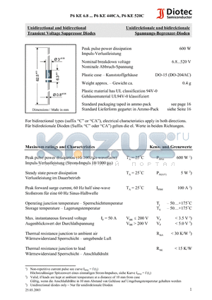 P6KE100A datasheet - Unidirectional and bidirectional Transient Voltage Suppressor Diodes
