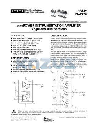 INA2126UA/2K5E4 datasheet - MicroPOWER INSTRUMENTATION AMPLIFIER Single and Dual Versions