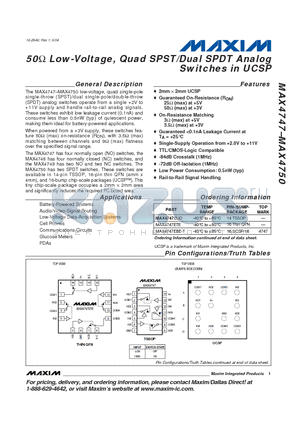 MAX4747 datasheet - 50 Low-Voltage, Quad SPST/Dual SPDT Analog Switches in UCSP
