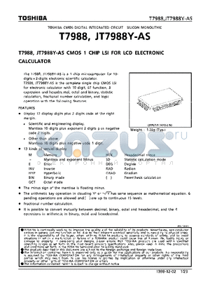 JT7988Y-AS datasheet - CMOS 1 CHIP LSI FOR LCD ELECTRONIC CALCULATOR