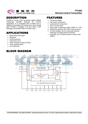 PT2462 datasheet - Remote Control Transmitter