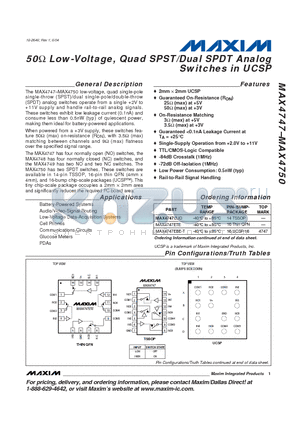 MAX4748EBE-T datasheet - 50 Low-Voltage, Quad SPST/Dual SPDT Analog Switches in UCSP