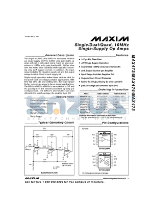 MAX475 datasheet - Single/Dual/Quad, 10MHz Single-Supply Op Amps
