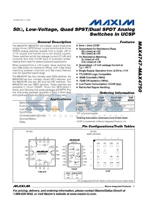MAX4750EBE-T datasheet - 50Y, Low-Voltage, Quad SPST/Dual SPDT Analog Switches in UCSP