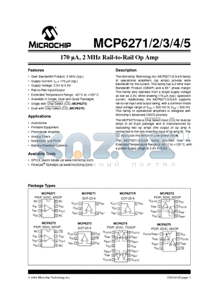 MCP6271 datasheet - 170 UA, 2 MHz Rail-to-Rail Op Amp