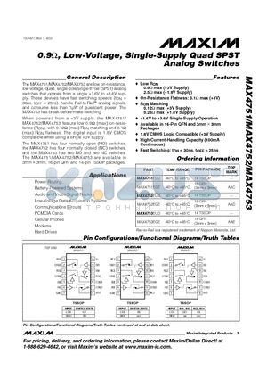 MAX4751 datasheet - 0.9, Low-Voltage, Single-Supply Quad SPST Analog Switches
