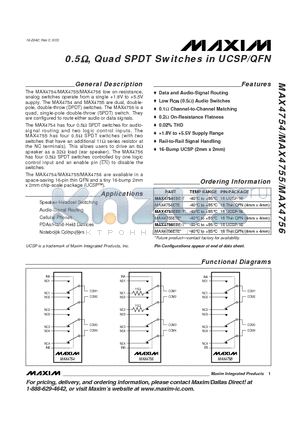 MAX4755EBE-T datasheet - 0.5-ohm, QUAD SPDT SWITCHES IN UCSP/QFN