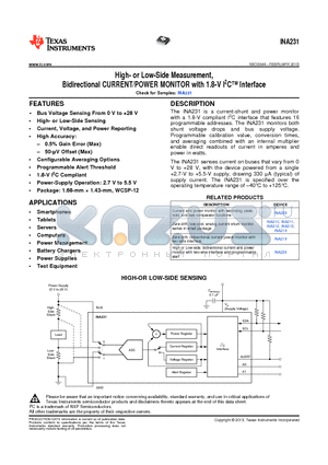 INA231AIYFFT datasheet - High- or Low-Side Measurement, Bidirectional CURRENT/POWER MONITOR with 1.8-V I2C Interface