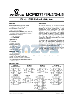 MCP6271RT-E/MS datasheet - 170 lA, 2 MHz Rail-to-Rail Op Amp