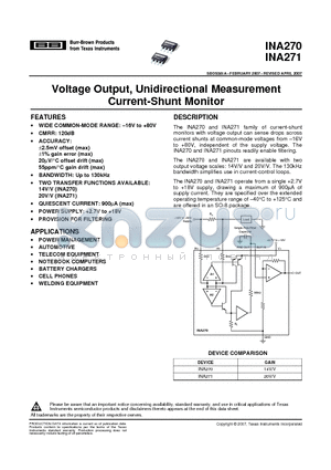 INA270AIDG4 datasheet - Voltage Output, Unidirectional Measurement Current-Shunt Monitor