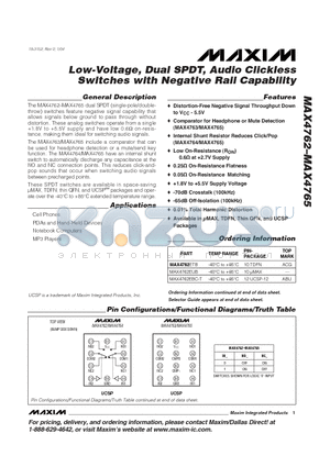 MAX4763EBC-T datasheet - Low-Voltage, Dual SPDT, Audio Clickless Switches with Negative Rail Capability