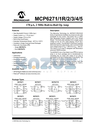 MCP6271T-E/SN datasheet - 170 lA, 2 MHz Rail-to-Rail Op Amp