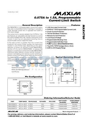 MAX4766AETA datasheet - 0.075A to 1.5A, Programmable Current-Limit Switch