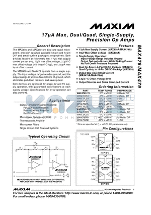 MAX478 datasheet - 17lA Max, Dual/Quad, Single-Supply, Precision Op Amps