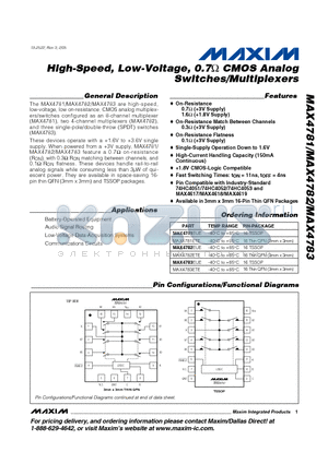 MAX4783EUE datasheet - High-Speed, Low-Voltage, 0.7OHM CMOS Analog Switches/Multiplexers